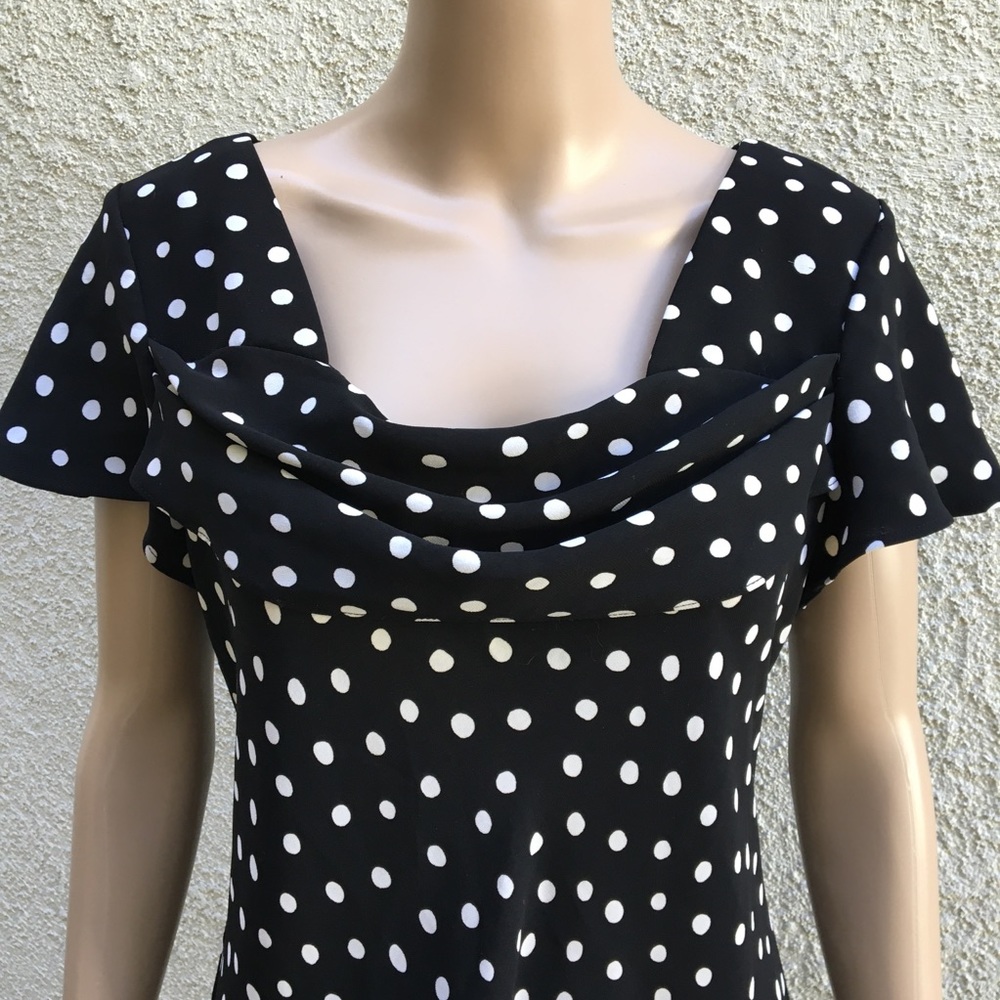 Black & white dot fit & flare dress w/ draped neck - Picture 2 of 7